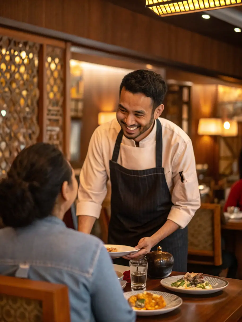 An image depicting a friendly Ghanainan staff member warmly greeting a customer, emphasizing the welcoming and hospitable atmosphere of the restaurant.