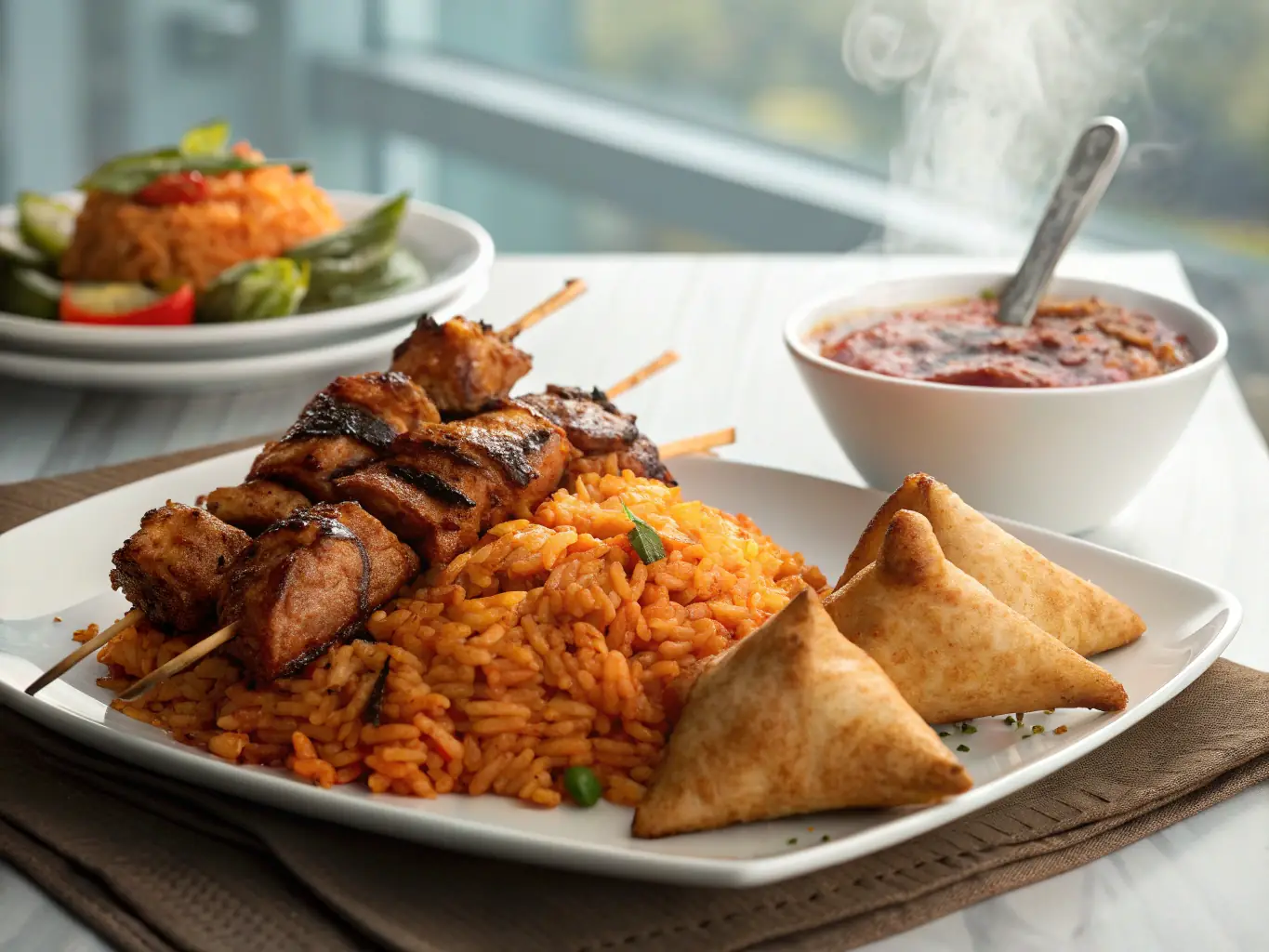 A vibrant and appetizing image of Jollof Rice, a popular West African dish, served in a traditional bowl with a side of grilled chicken and fresh vegetables, showcasing the rich colors and textures of the meal.