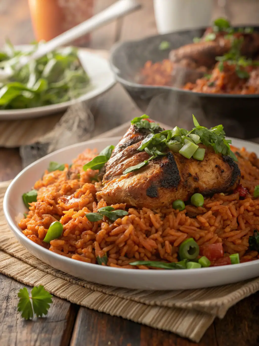 A photograph capturing a large, steaming bowl of jollof rice, overflowing with flavorful ingredients, showcasing the generous portion sizes offered at Ghanainan.